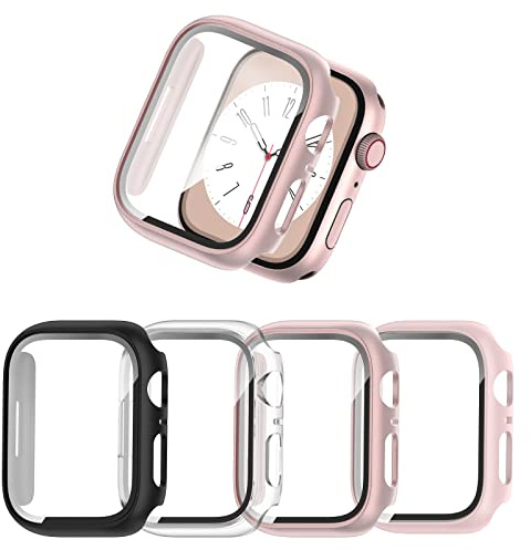 JZK 4-Stück Schutzhülle für Apple Watch SE 3 (2025)/SE 2/SE/6/5/4 40mm, Hart PC Hülle Eingebaut Kratzfest Gehärtetes Glas Schutzfolie für iWatch 40mm, Schwarz/Klar/Rosa/Roségold