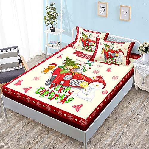 Chickwin Drap Housse en Microfibre, Noël Housse de Matelas avec Taies d'oreiller, Drap-Housse Bonnet 40 cm, Antidérapants et Respirant Protection de Matelas (90x190x40cm,Voiture Rouge)
