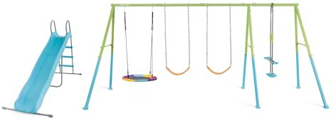 Intex - 44151 - Portique Balançoire 5 Agrès Nid D'oiseau Face à Face 2 Balançoire Toboggan Couleurs