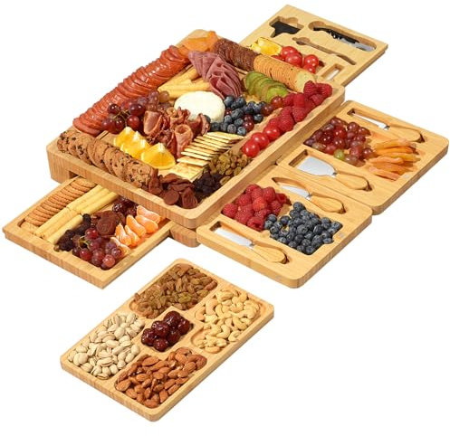 xinyoec Juego de tablas de charcutería grandes – Juego de tabla de queso y cuchillos con plato de queso adicional, tabla de charcutería de bambú, placa de queso para regalos de inauguración de la