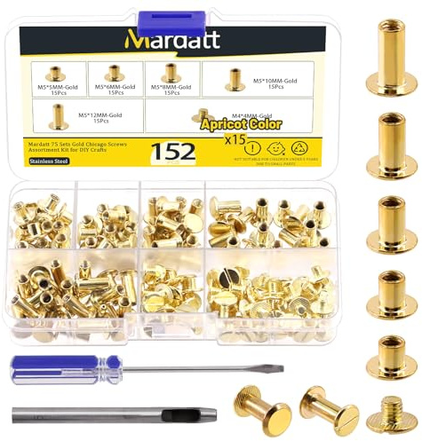 Mardatt Lot de 152 vis Chicago de 5 tailles avec poinçon et tournevis, M5 x 5/6/8/10/12 mm, rivets Chicago en acier au carbone M5, vis de reliure Chicago à tête plate pour réparation du cuir (doré)