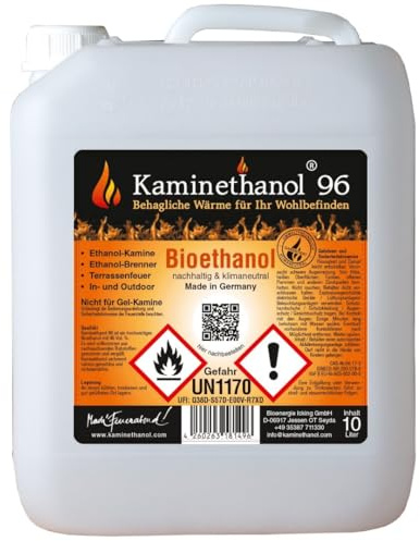 Kaminethanol Icking Bioethanol 96,6% 60 Liter (6 x 10 L) | Premium Qualität - direkt vom Hersteller für Ethanol Kamine, Alkohol-Brenner, Terrasenfeuer, Raumfeuer und Gartenfackeln