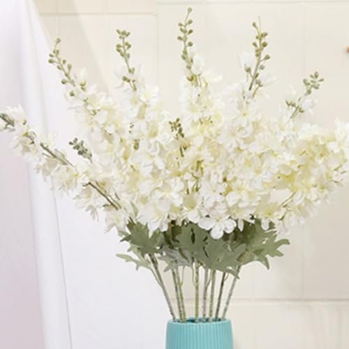 OUKEYI 33.5in 6pcs Fake Flower Delphinium Artificial Silk Larkspur Long Stem Flowers for Tall Vase Home Wedding Party Decor (white)
