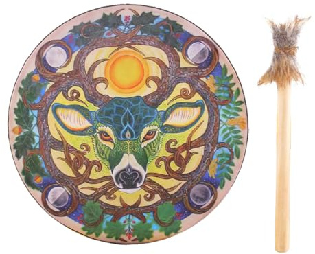 Tamburo a mano sciamano, strumento di guarigione del suono Veg an Shaman | Musica sciamano spirituale da 22,9 cm | Tamburo siberiano per gli amanti della musica sciamanica fatta a mano per gli amanti