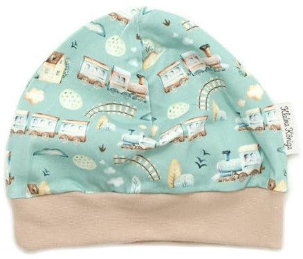 Kleine Könige Mütze Baby Jungen Beanie · Modell Eisenbahn Little Railroad, beige · Ökotex 100 Zertifiziert · Größe 74/80