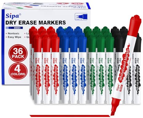Sipa Whiteboard Marker, 36 Whiteboard Stifte abwischbar, Set mit 4 Farben Flipchart Stifte Marker, Keilspitze 4mm Linienbreite, ideal für Klassenzimmer, Büro und Kinder, unverzichtbarer Schulbedarf