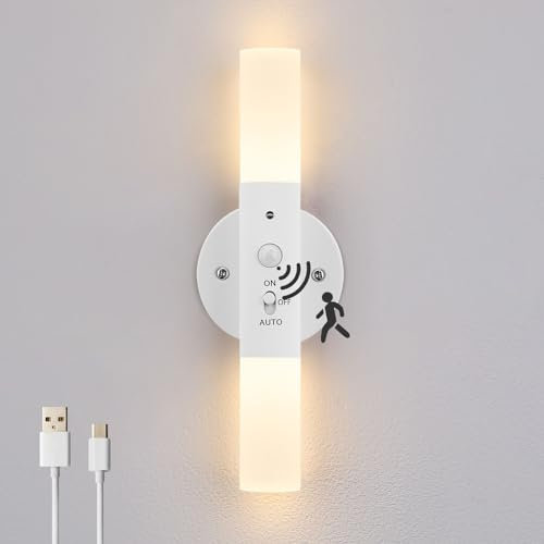 Lampop Motion Sensor Wall Lamp, Night Light Rechargeable Wall Lights Indoor, Battery Operaterd Wall Sconce, Magnetic Wall Sconce Lights Wireless Sconce for Living Room, Bedroom (White, Warm White)