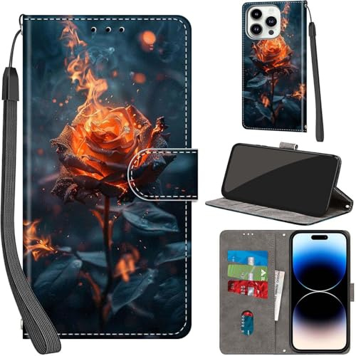 PHINIENLAND Wallet Flip Case for iPhone 14 Pro Leather Roses | 3 Card Slots & 1 Cash Pocket, Magnetic Closure, Kickstand, Premium PU Leather flip cover for iPhone 14 Pro