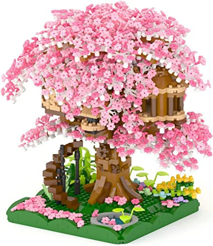 AKOGD Bloc de Construction de Sakura Arbre Maison, 2028 Pièces kit de Construction de Cabane dans Les Arbres, Mini Bricolage Botanique Artificielles Collection jeux de construction