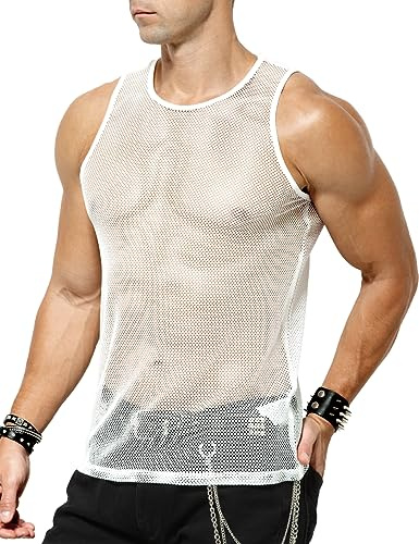 Casey Kevin Transparente Camiseta de Tirantes Malla para Hombre Camiseta de Rejilla, Hombres Fishnet Camiseta de Mangas para Clubwear Club