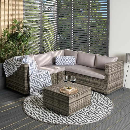OHS Rattan Garden Furniture, 5 Seater Garden Corner Sofa with Table Set Outdoor Seating Patio Furniture Set Conservatory Wicker Table Soft Cushions Outdoor Sofa Summer Essentials - Tuscany, Grey