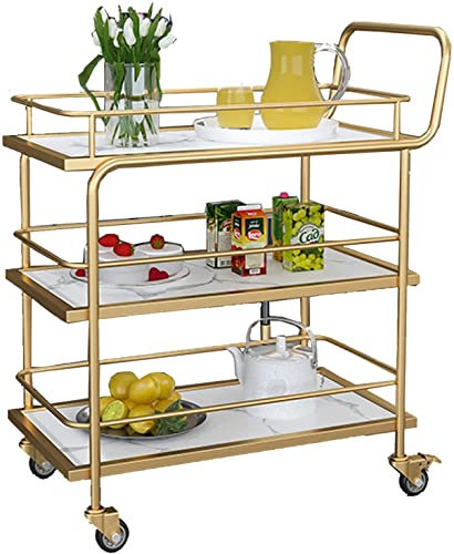 HUIBBGO Goldener Barwagen auf Rädern mit feststellbaren Rollen, 3-stöckiger Servierwagen zur Aufbewahrung in Küche und Wohnzimmer, Mehrzweckregal aus Holz und Metall, Weiß