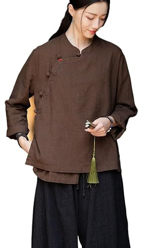 HEARTTOUCH Women's Linen Button Down Shirts Chinese Ramie Blouse Long Sleeve Hanfu T-Shirt Tang Suit Cotton Tai Chi Tops, Brown, One Size