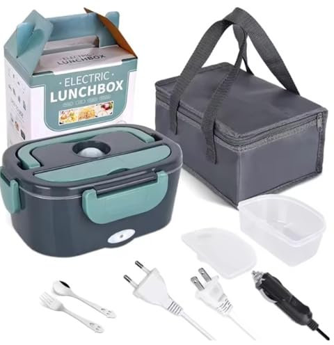 Fiambrera Electrica 4 en 1 12V/24V/220V~240V taper Electrico, Calentador Comida Portatil con Termo para Coche Camión trabajo 1.5L en Acero Inoxidable con Tartera Bolsa Térmica, Juego de Cubiertos.