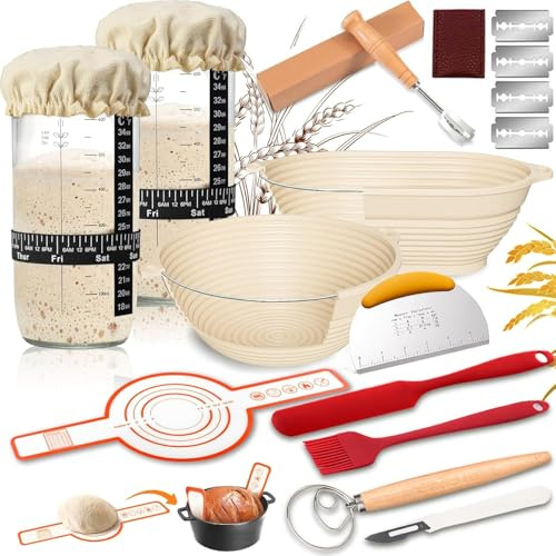 Set mit 17 Sauerteig Starter Set: 2 Sauerteig Anstellgut Gläser, 2 Banneton Gärkörbe, 1 Silikon-Backschlaufe und weitere Brotback Zubehörwerkzeuge. Sauerteig Set für Küche, Bäckerinnen und Köchinnen