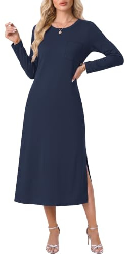 AUSELILY Women's UK Autumn Long Sleeve Midi Dress Navy Blue XL