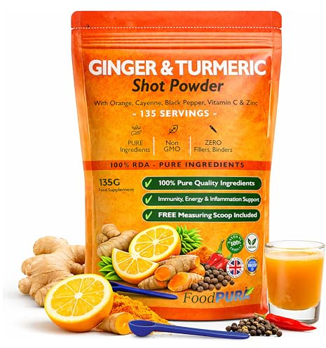 FoodPURA 135g Ginger & Turmeric Shot Drink Powder 135 Servings with Orange Cayenne Black Pepper Vitamin C & Zinc 100% RDA Natural Supplement No Added Sugar Immunity Energy & Inflammation Support