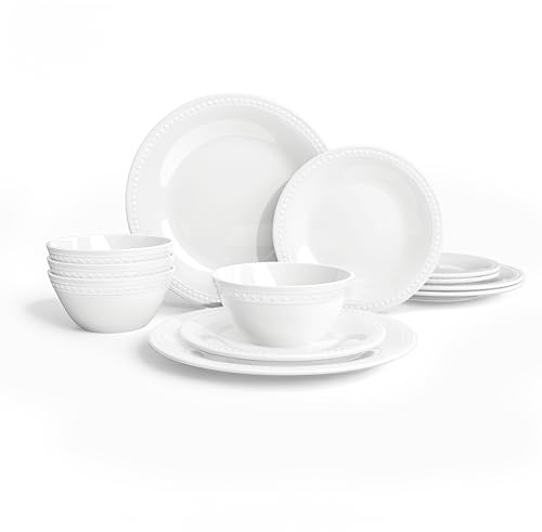 BEESEN Basic White Beaded Melamine Plastic Dinnerware Sets,12 Pieces Dishes Set, Lightweight Unbreakable, BPA Free, Plates and Bowls Set, Perfect for Indoor Outdoor Weddings & Everyday Meals