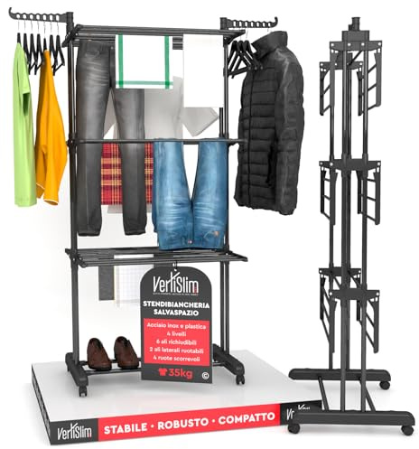 VertiSlim Dry Tendedero Vertical 4 Niveles Tendal Torre Plegable - Estendal Ropa Ahorra Espacio de Acero Inoxidable - Color Negro con Ruedas y Alas Laterales - para Interiores Exteriores y Balcones