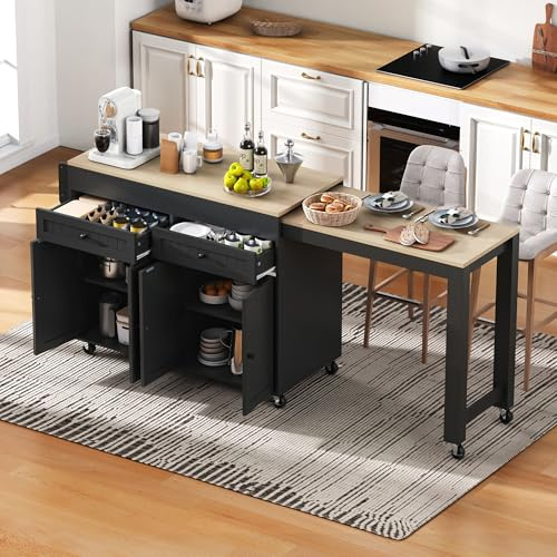 Isla de cocina con ruedas con zona de comedor extensible, encimera y cajones, ideal para cocina y comedor (negro y natural)