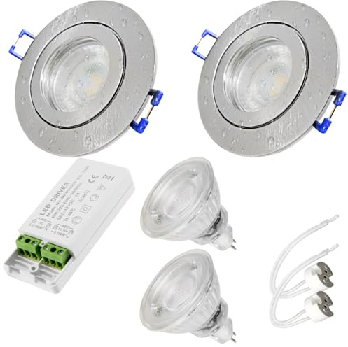 LED Einbaustrahler 12 V IP44 – 2er Set in Silber für Bad, Küche & Feuchträume, inkl. Trafo & MR16-Fassung – 3 W, 250 lm, 3000 K warmweiß, Ø 60–68 mm, optimal zur Umrüstung auf moderne LED Beleuchtung