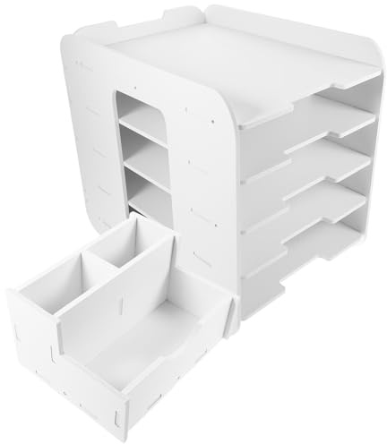 Holibanna en Composite Bois-Plastique Blanc 5 Niveaux Organiseur de Bureau Empilable pour Dossiers A4 Étagère de Rangement Fonctionnelle pour Bureau et Espace de Travail