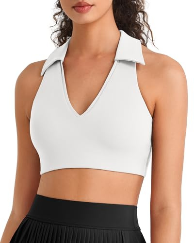G4Free Racerback Sports Bra for Women Deep V Neck Polo Padding Yoga Crop Top Medium Impact Workout Tennis Longline Camisole (Pure White,L)