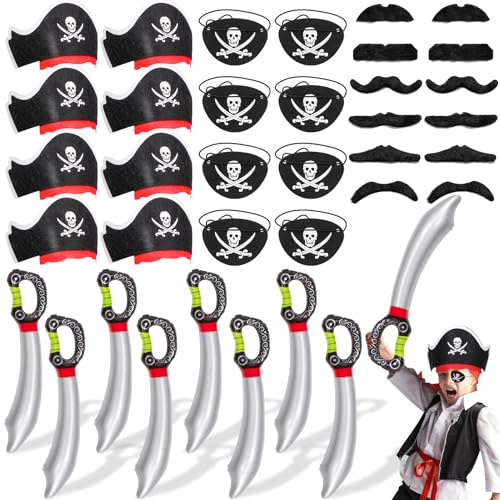 Piraten Mitgebsel Kindergeburtstag 36 STK. Piratenhut Aufblasbares Piraten Spielzeug Pirat Augenklappe Falsche Schnurrbärte Pirat Party Deko Karneval Halloween Preise Geschenke für Junge Mädchen