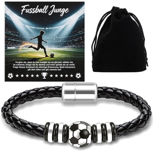 Fußball Geschenke Jungen, Lederarmband mit Box für Einschulung Geburtstag | Lederarmband mit Geschenkkarte & Tasche, ideal für Kommunion Weihnachten Einschulung, sportliches Fußball Geschenk für Jungen