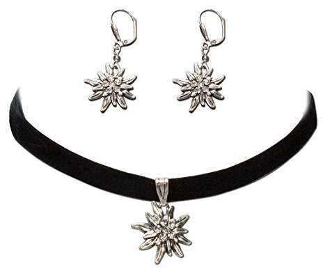 Schmuckset Trachtenkette Samt & Edelweiß-Ohrhänger - Damen Samt-Kropfband & Ohrringe, Kropfkette elastisch, Trachtenohrringe für Trachtenbluse, Dirndlkette enganliegend, Oktoberfest (schwarz)