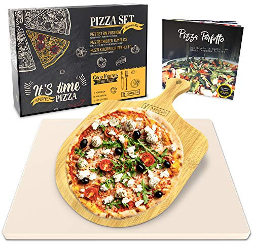 GARCON - Premium Pizzastein (eckig) für Backofen & Gasgrill - Vergleichssieger 2019-3er Set inkl. Pizza Stone, Pizzaschieber & Kochbuch zum Pizza Backen - Pizzaset ideal auch für Flammkuchen und Brot