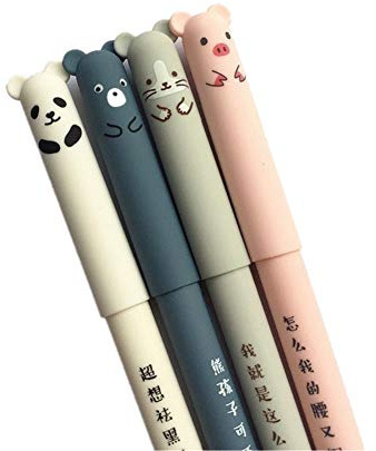 Rocita Lot de 4 stylos à encre gel effaçable avec motif animal de dessin animé, encre bleue, 0,35 mm