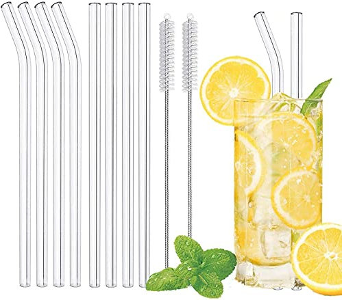 LessMo 8 Pcs Reusable Glass Straws-LFGB Certified Transparent Glass Straws with 2 Cleaning Brushes, Explosion-Proof, Environmentally Friendly, BPA-Free, for Cocktails