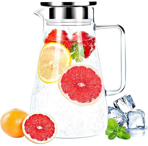 Sharemee - Carafe en Verre Résistant à la Chaleur pichet en verre|Carafe d'eau de Borosilicate Couvercle en Acier Inoxydable pour jus, 1.8L