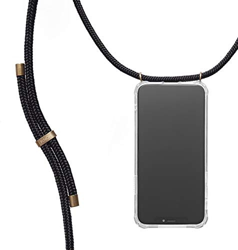 KNOK Premium Handykette für Apple iPhone 12 mini, Schwarz, transparent | Silikonhülle mit fest verbundener Kordel zum Umhängen, stoßfest, ideal für Festival, Konzert oder Alltag, robust