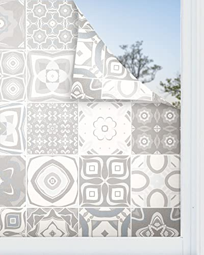 Panorama Vinilo para Ventanas Baldosa Hidráulico Color Gris 120x200 cm - Lámina Translúcida para Cristal - Pegatina Privacidad - Válido para Ducha - Decoración