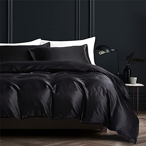 Gezu Housse de Couette Satin Noir 220x240cm Unie Lisse Soyeux Brillant Doux Soie Parure de Lit avec Fermeture Éclair Sets de Housse de Couette 2 Personnes avec 2 Taies d'oreiller 65x65cm