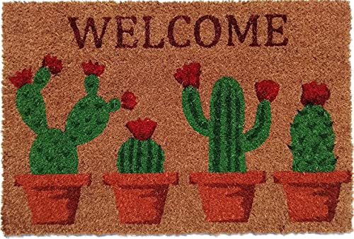 oKu-Tex Fußmatte, Türvorleger Kokos, Fußabstreifer mit Aufdruck, rutschfest, für außen, Welcome Kaktus, 40 x 60 cm