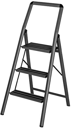 WENKO Scala leggera in alluminio Compact, altezza 66 cm, 3 gradini antiscivolo, staffa di sicurezza e maniglia, 48 x 114,5 x 6 cm, grigio scuro