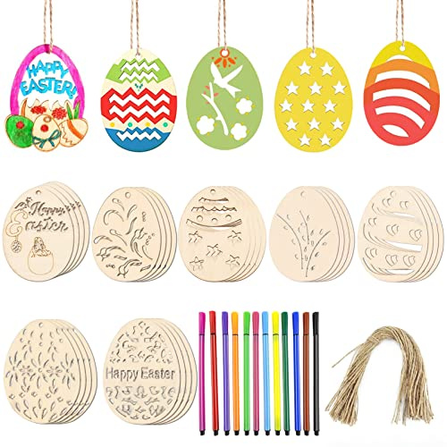 48 Stück Ostern Anhänger Holz,Unvollendete Holzverzierungen Osterei, DIY Anhänger Ostern,Holzanhänger Ostern ​Deko ​mit Schnur mit 12 Aquarellstifte,Kinder Ostern Deko Basteln