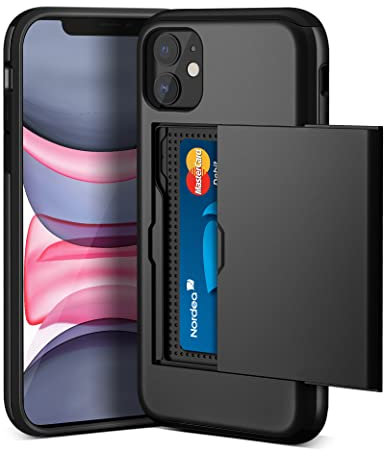 ACOCOBUY for iPhone 11 Case with Card Holder Sliding Cover Hidden Pocket IDs Credit Cards Slot Heavy Duty Shockproof Protective Dual Layer Wallet Phone Cover Back Shell for Men Women 6.1 inch Black