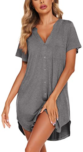Ekouaer Women's Button Down Nightgowns Maternity Dress Short Sleeve Nursing Night Gown Nightshirt