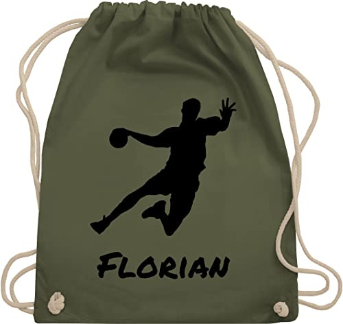 Turnbeutel Rucksack - Geschenke Handball Zubehör - Handballer Silhouette mit Name - Unisize - Olivgrün - für handballtasche von persönlich beutel handballrucksäcke wm personalisiertes turnsack