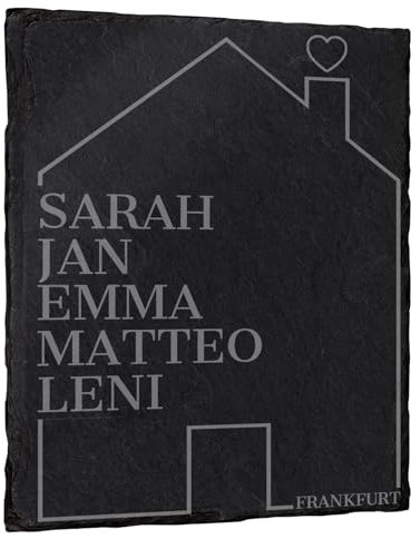 Gravierte Deko Schiefertafel ''Zuhause'' personalisiert mit Vornamen und Wohnort - 40x30 cm - Laser Gravur auf Natur-Schiefer - Befestigungsoptionen - Schieferplatte Haustür Türschild Familienschild