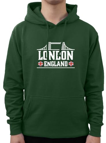 Union Jack London Hoodie England Souvenir Novelty British Flag I Love London Novelty Personalised Funny Custom Adults and Kids Hoodies Unisex Mens Womens Kids(2XS, Bottle Green, 9_11 Years)