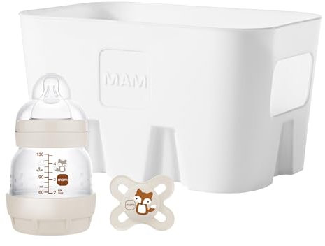 MAM Easy Start Anti-Colic Combi Set XS, set di accessori per bambini con bottiglia anti-colica (130 ml), con tettarella taglia 0, ciuccio MAM Start e cestino per bottiglie, set regalo per bambini,