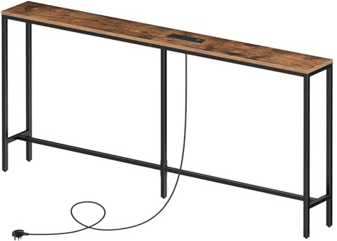 MAHANCRIS Skinny Console Table with Power Outlets, 160 cm Narrow Sofa Table, Behind Couch Table with Charging Station for Plants, Living Room, Rustic Brown and Black ACTHR165KE01