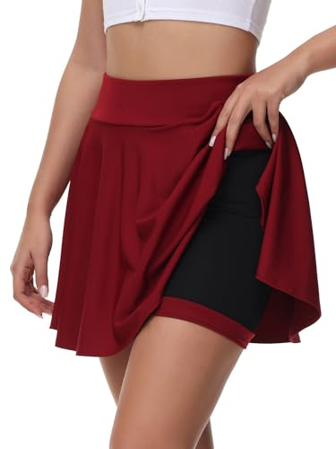 tanzdunsje Jupe Basique pour Femmes et Filles, Jupe Noire, Mini Jupe Patineuse avec Pantalon, Jupe de Tennis Polyvalente Extensible et informelle pour Femmes(L,vin Rouge)