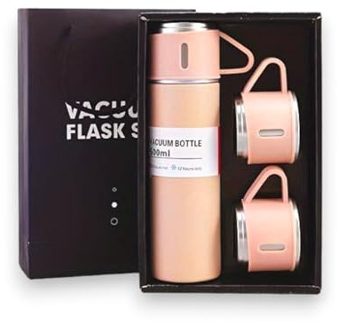 Modern Travel Thermal Flask Set - Flask Set Stainless Steel Vacuum Insulated Bottle with Extra 2 Cup for Hot and Cold Drink (Pink)