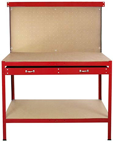 Monster Shop - Banco de trabajo con panel perforado y cajón, caja de herramientas resistente para mesa de trabajo, estante de metal, estante de acero industrial, color rojo